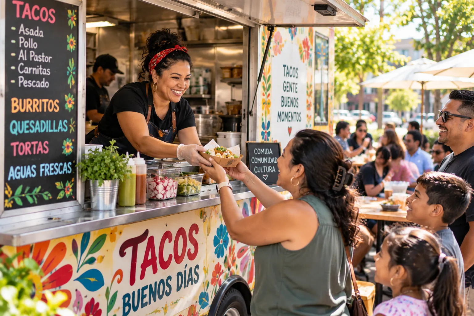 A Latina food truck owner serving tacos to a smiling family
